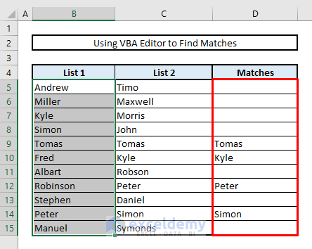 find matches or duplicate values in excel with vba