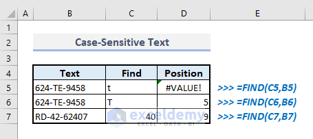 find function to find the case sensitive text in excel