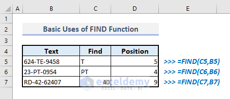 find function to find the position of a character in a text string in excel