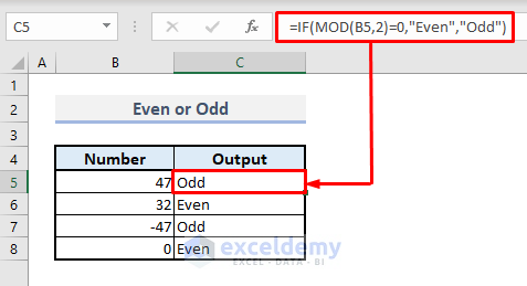 find odd or even number with mod function in excel