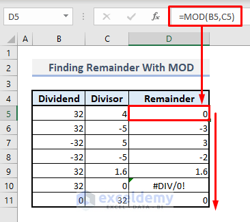 find remainder with mod function in excel