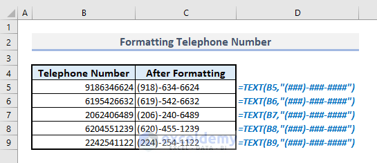 formatting telephone number with text function in excel