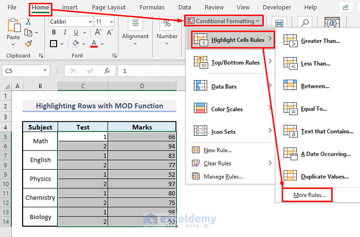 highlight cells riows with mod function in excel