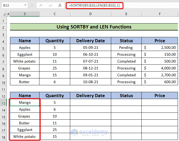 sorting fruit name by text length to show how to sort multiple columns in excel independently of each other
