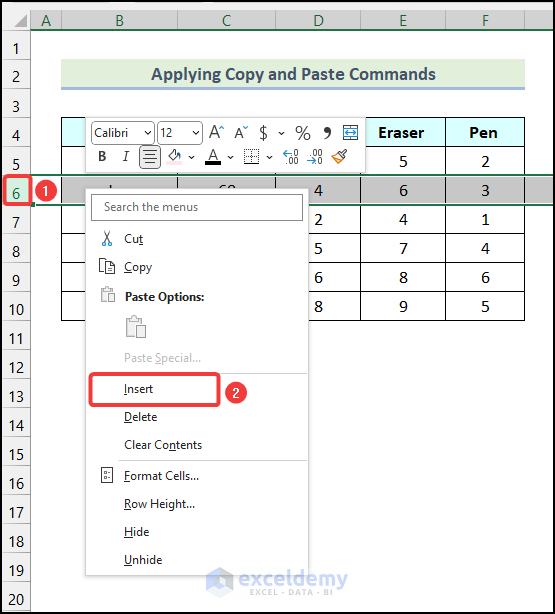 Applying Copy and Paste Commands to swap rows in excel