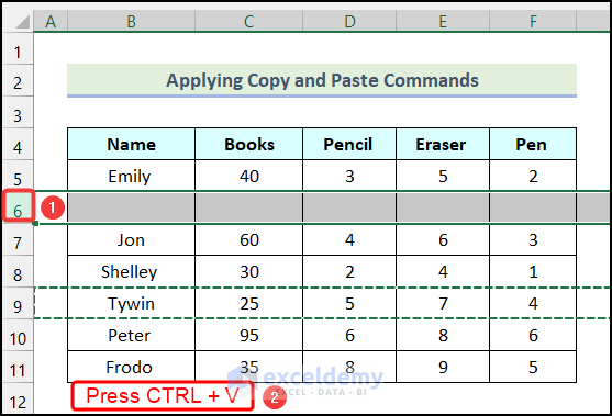 Pasting copied row to swap rows in excel