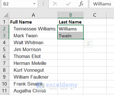 Type the last names in B2 and B3 columns respectively