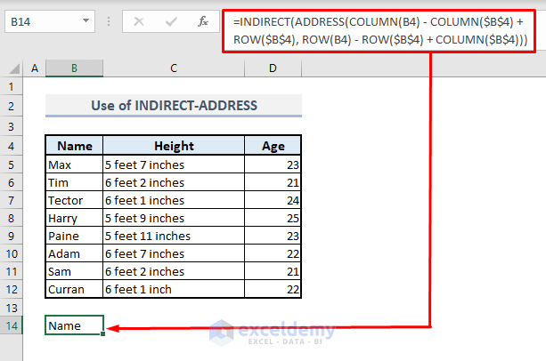 indirect with address function in excel
