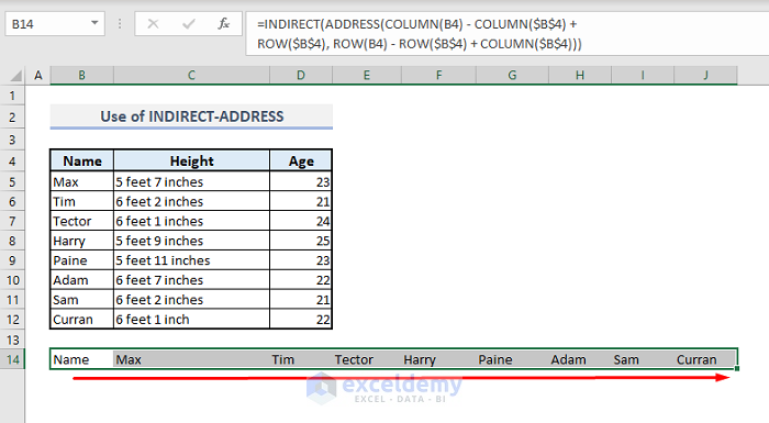 indirect with address function in excel