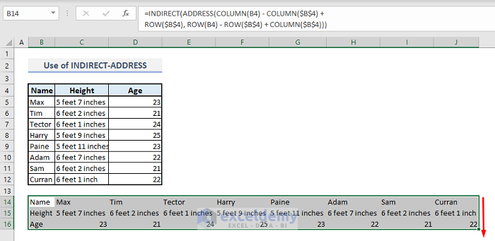 indirect with address function in excel