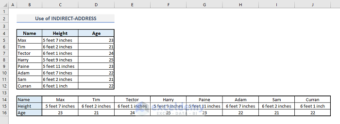 indirect with address function in excel