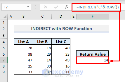 indirect with row function in excel