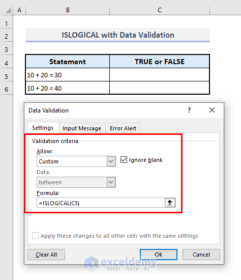 islogical function with data validation in excel
