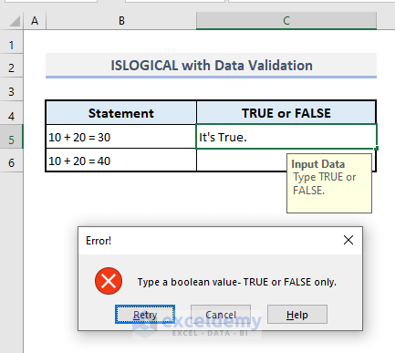 islogical function with data validation in excel