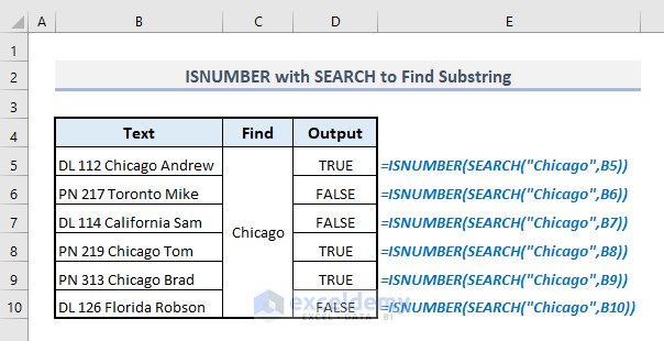 isnumebr with search function to find substring in excel