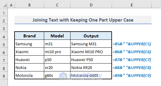 joining text with keeping one part upper case in excel