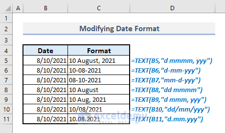 modifying date format with text function in excel