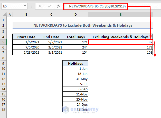 networkdays function to exclude weekends and holidays in excel
