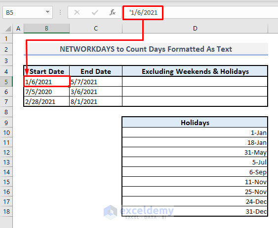 networkdays function to count days between two dates formatted as texts