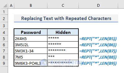 replacing text with repeated characters by using rept function in excel