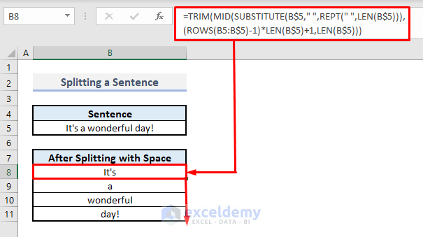 splitting sentence with common delimeter by using rept function in excel