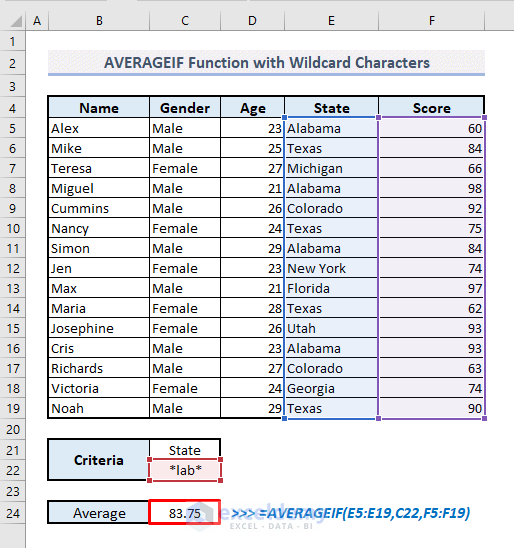 averageif function with wildcard character in excel
