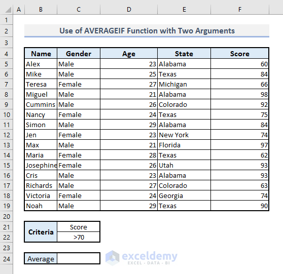 averageif function two arguments in excel