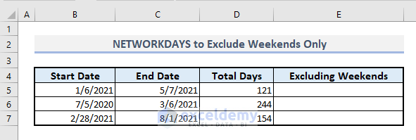 networkdays function to exclude weekends only