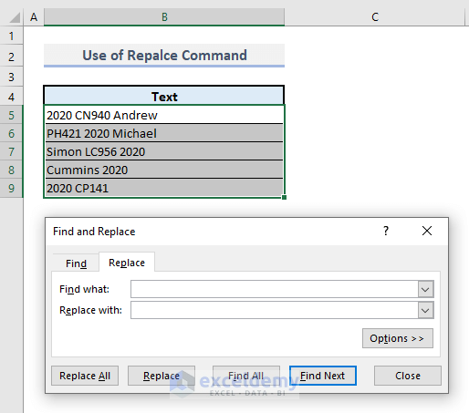 use of find and replace command in excel