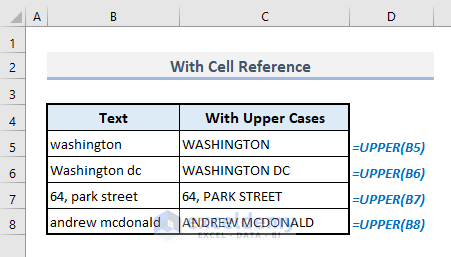 us of upper function with cell reference in excel