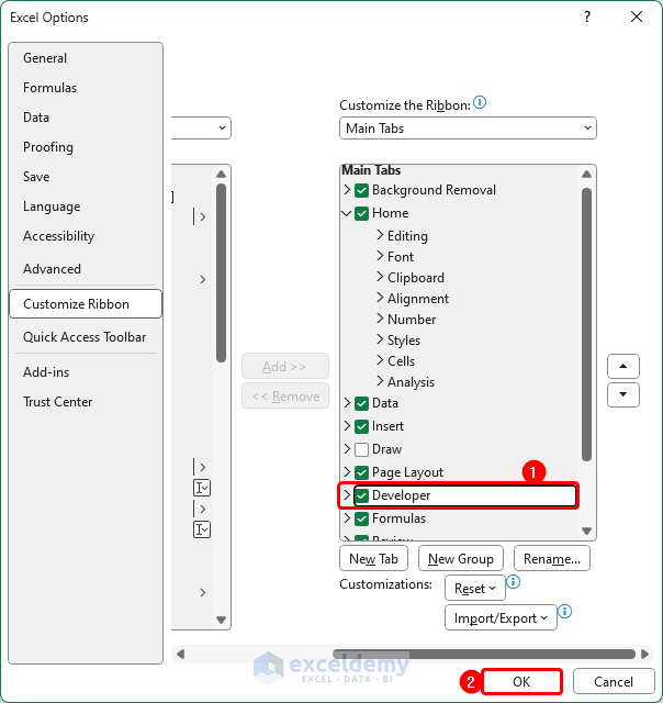 Enabling Developer tab in Excel