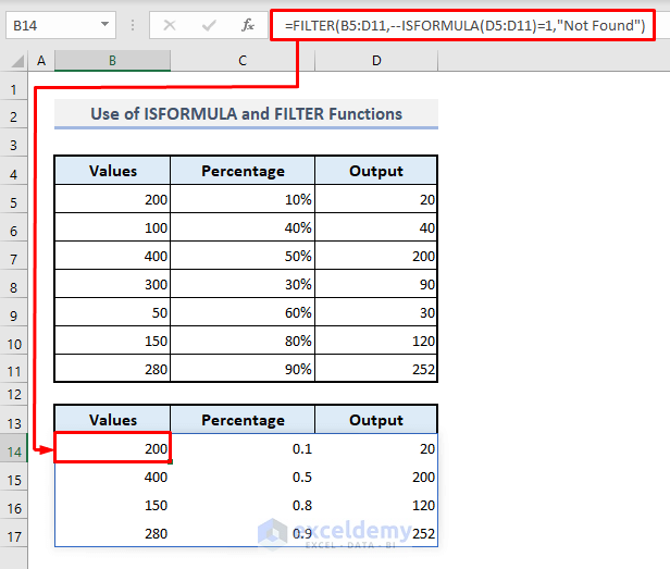 using filter and isformula functions to filter cells with formulas in excel