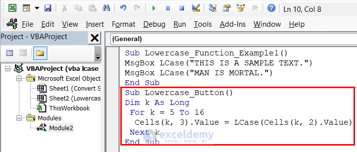 Convert Strings into Lowercase with LCase Function and Show Them in a Separate Column