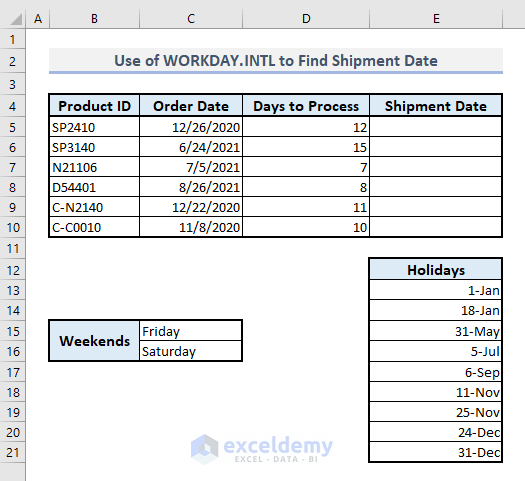 workday.intl function in excel to find next working shipment date