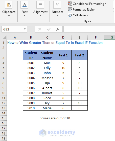 Dataset - How to Write Greater Than or Equal To in Excel IF Function