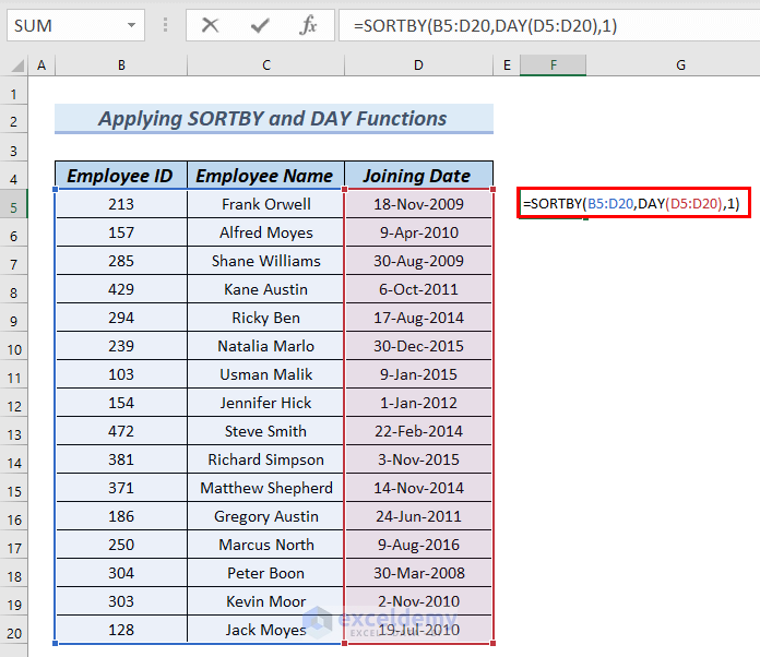 Applying SORTBY and DATE Funcion to Sort by Date in Excel