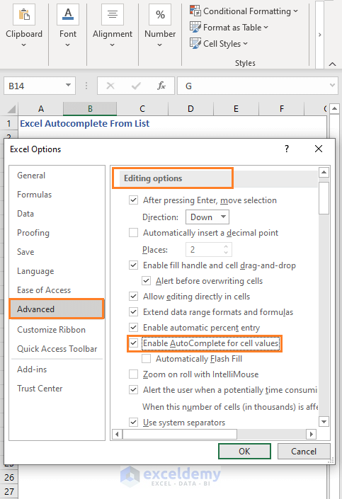 Check Enable AutoComplete - Excel Autocomplete From List