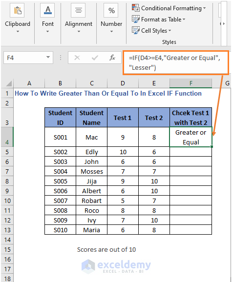 Greater than or Equal to result - How to Write Greater Than or Equal To in Excel IF Function