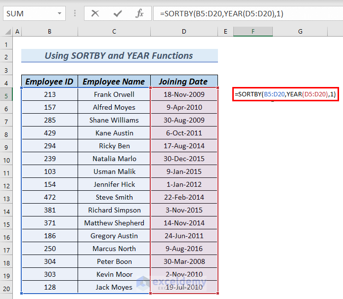 Using SORTBY and YEAR Functions to Sort by Date in Excel