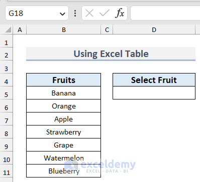 Dataset to Create Drop Down List Using Excel Table