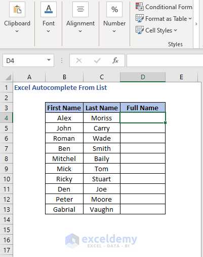 Generate full name data - Excel Autocomplete From List