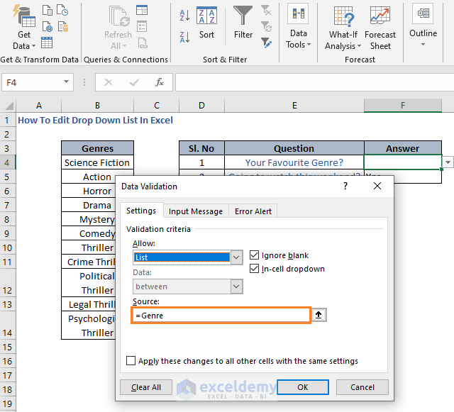 Named range in Source field - How To Edit Drop Down List In Excel
