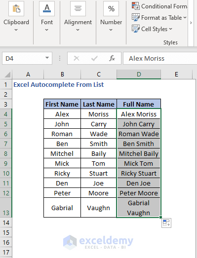 Full Names - Excel Autocomplete From List