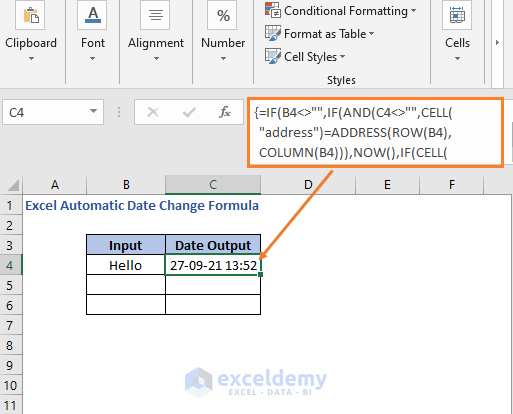 Adjacent cell address formula - Excel Automatic Date Change Formula