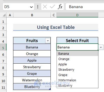 Drop Down List with Excel Table