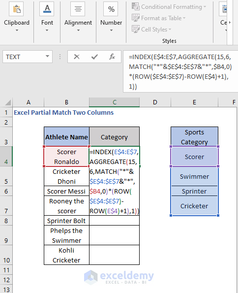 AGGREGATE Formula - Excel Partial Match Two Columns