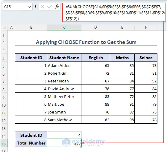 Applying Excel CHOOSE function to get the sum