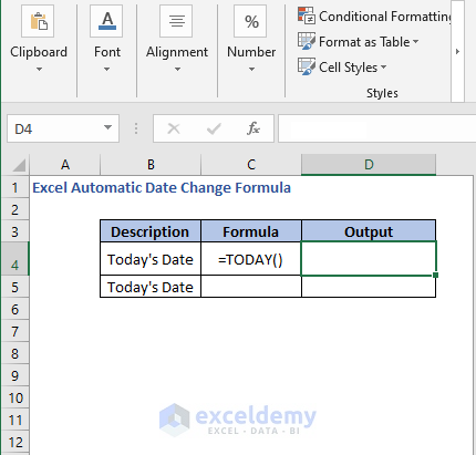 Find Today's date - Excel Automatic Date Change Formula