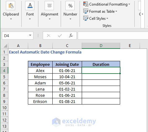 Duration finding data - Excel Automatic Date Change Formula 