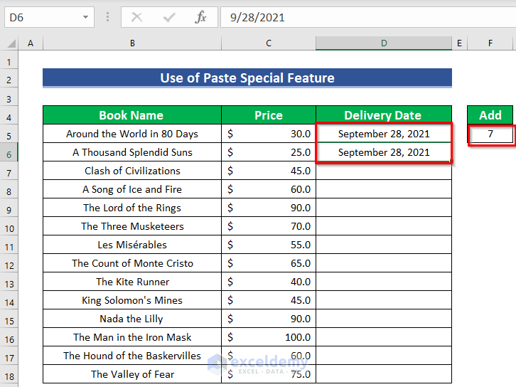 Utilize Paste Special Feature to Connect 7 Days to a Date in Excel